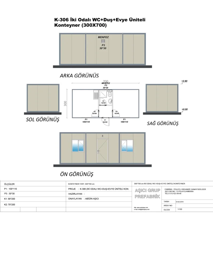 K-306 İki Odalı WC+duş+evye Üniteli Konteyner