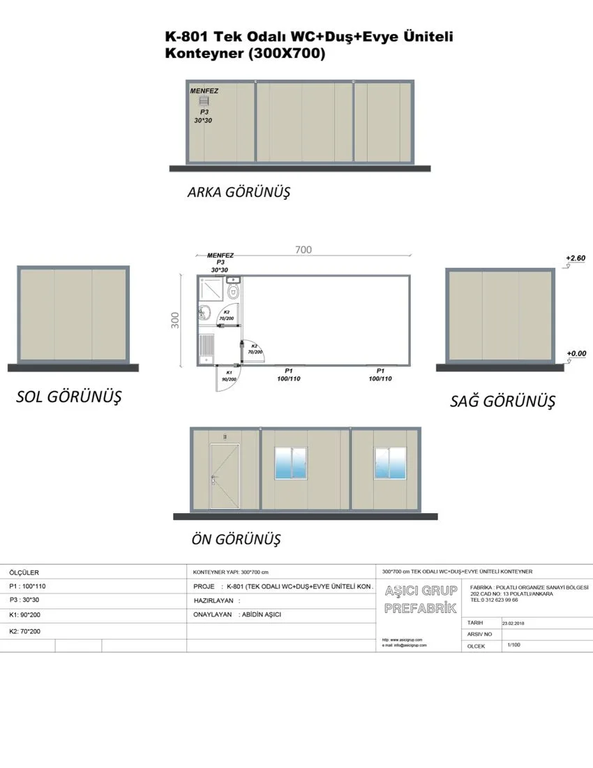 K-801 Tek Odalı WC+duş+evye Üniteli Konteyner